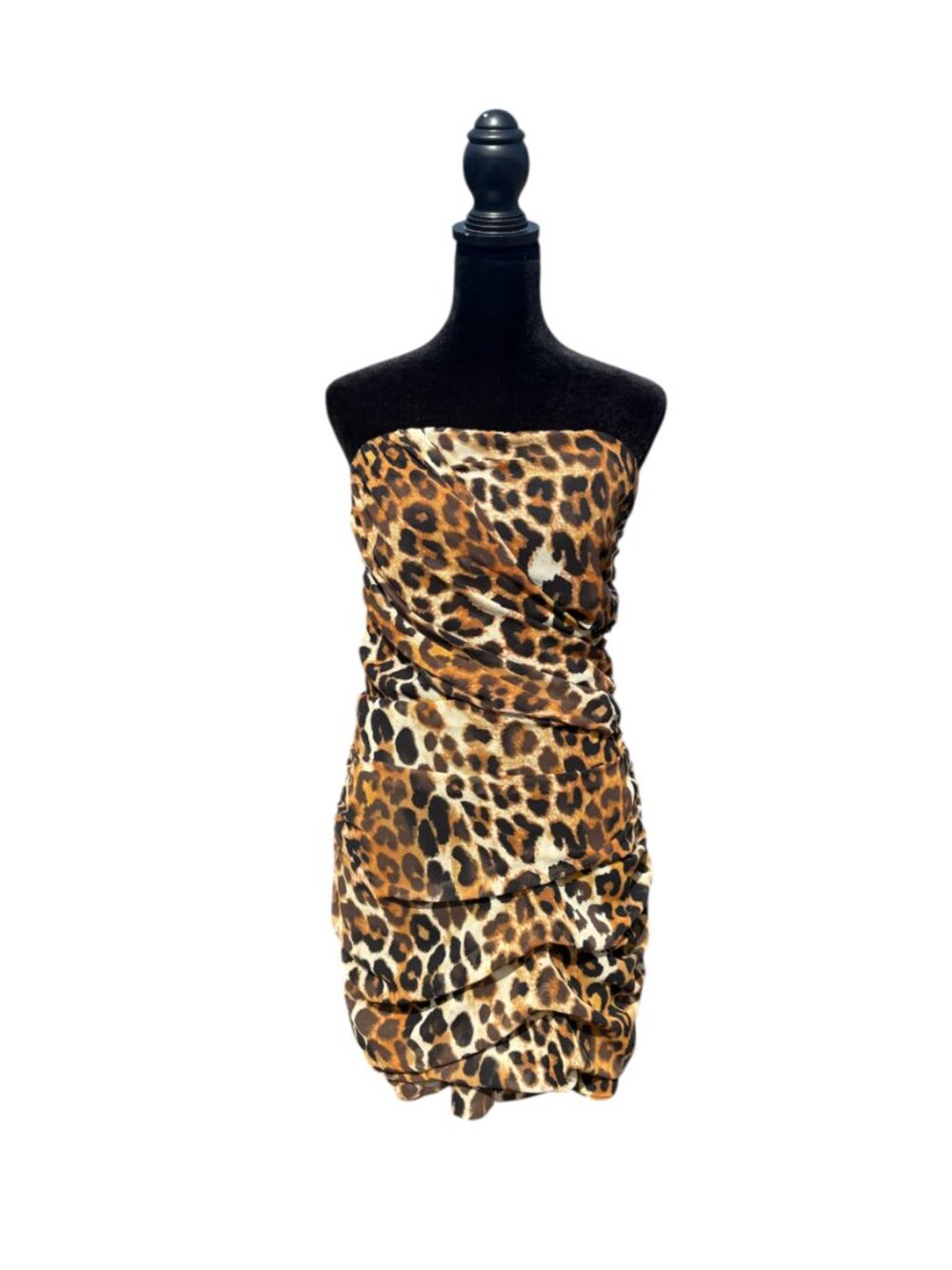 Express leopard print ruched strapless mini dress going out outfit 2010